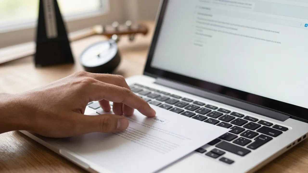 Close-up of a hand sending an email at a desk with musical instruments nearby