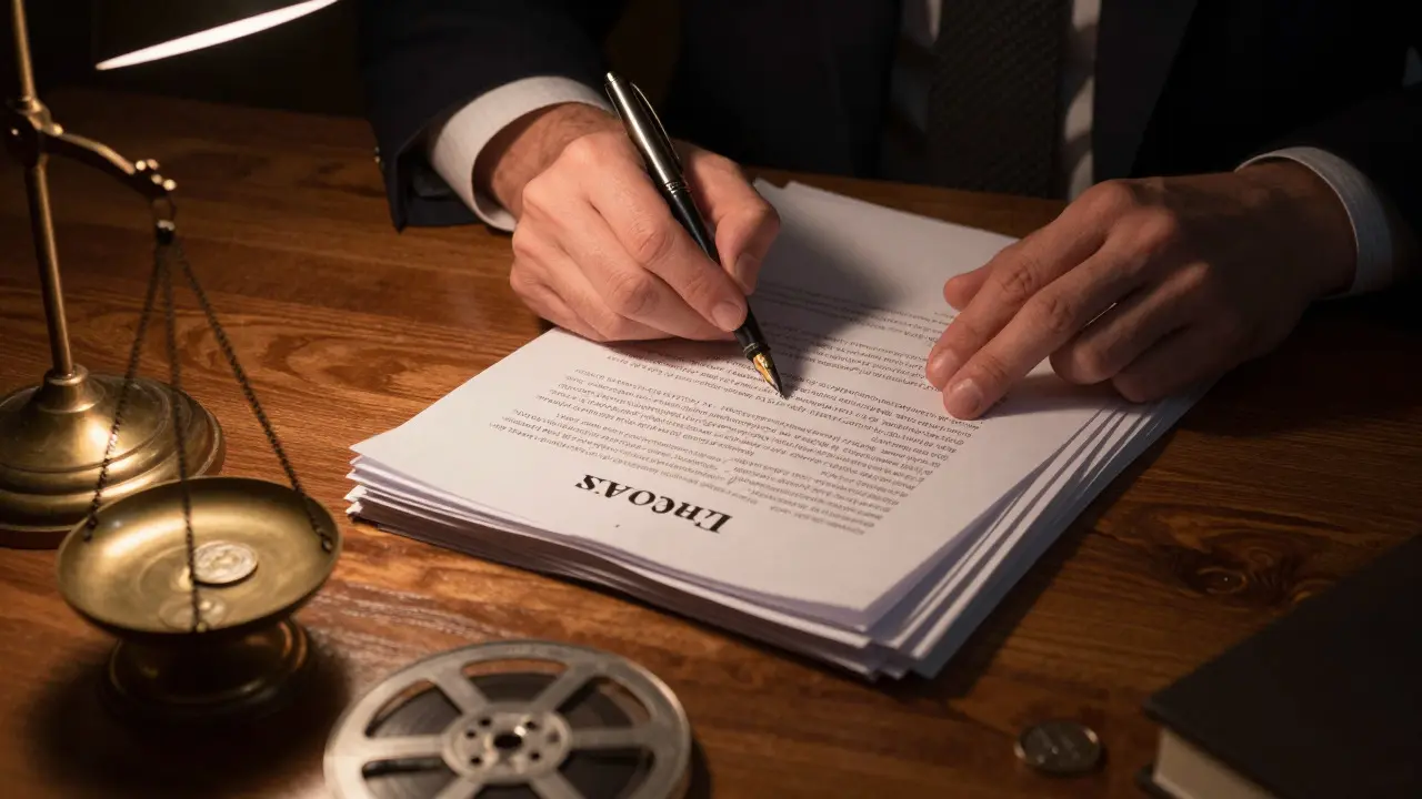 Close up of a hand signing film financing contracts under a desk lamp
