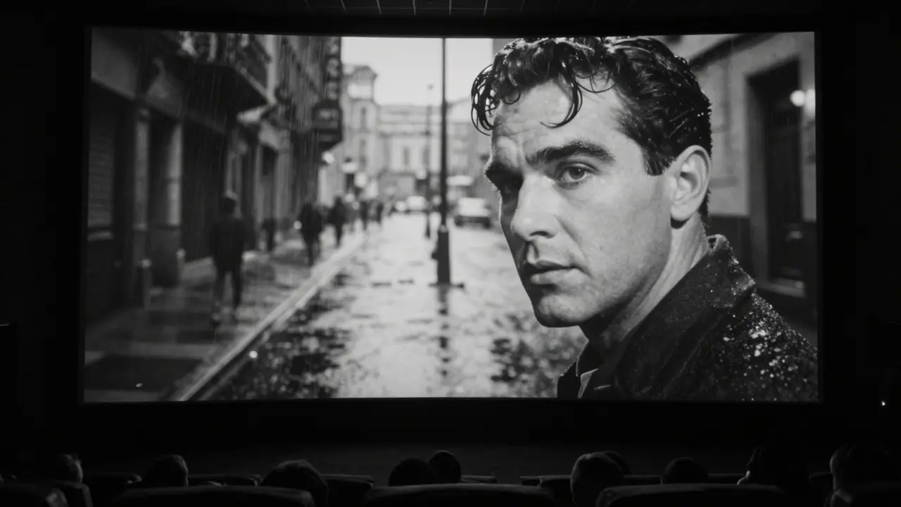 Close-up of a high-resolution black and white film playing on a theater screen