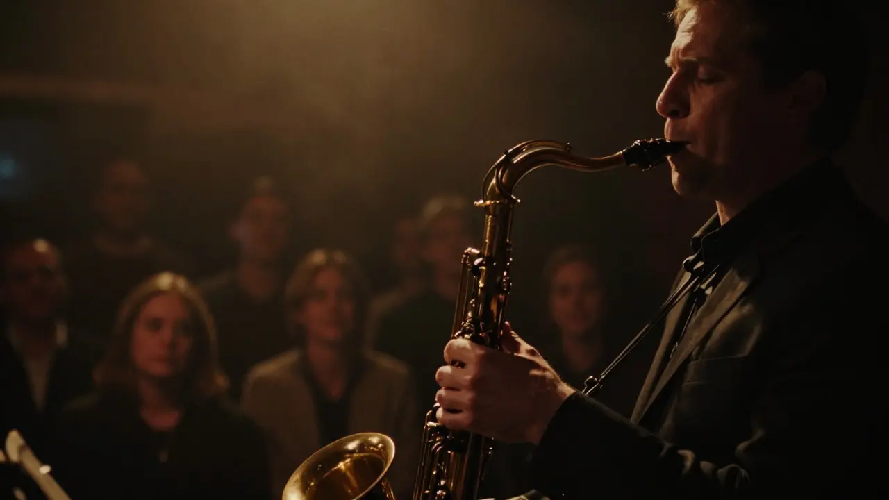 Close-up of a jazz saxophonist in a dimly lit club, highlighting the power of music in storytelling.