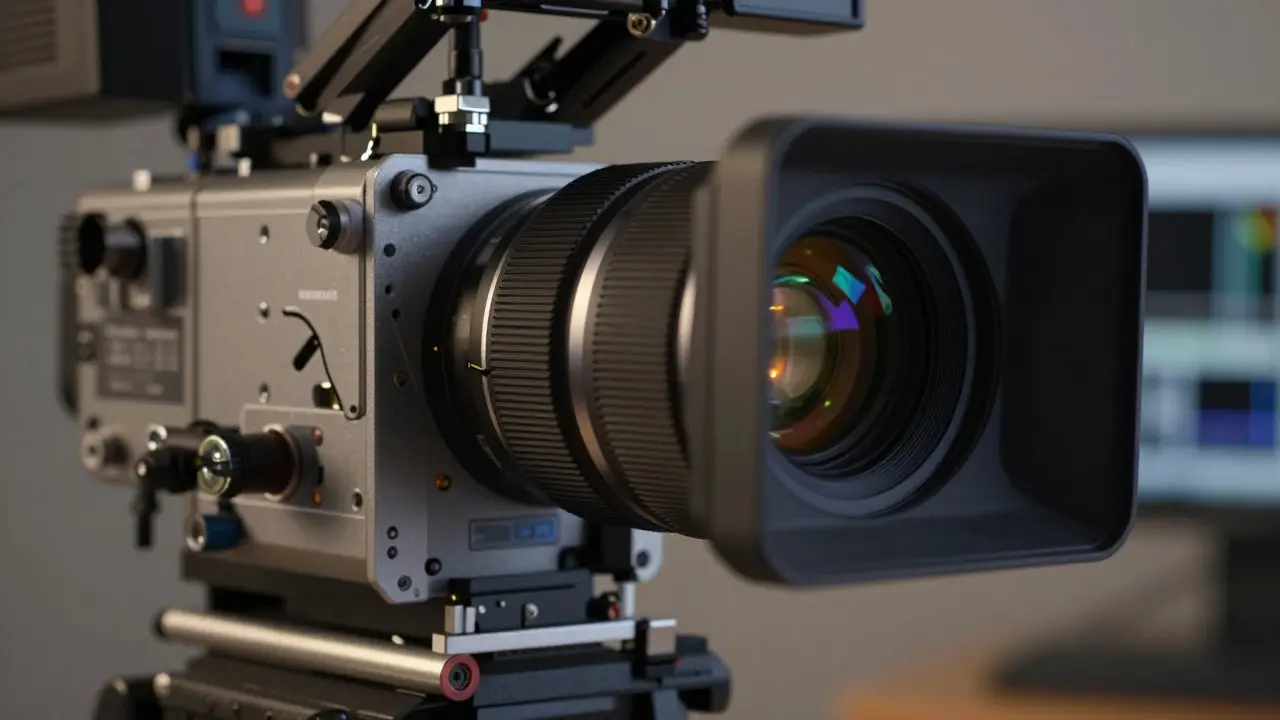 Close-up of a modern cinema camera lens and sensor highlighting technical precision