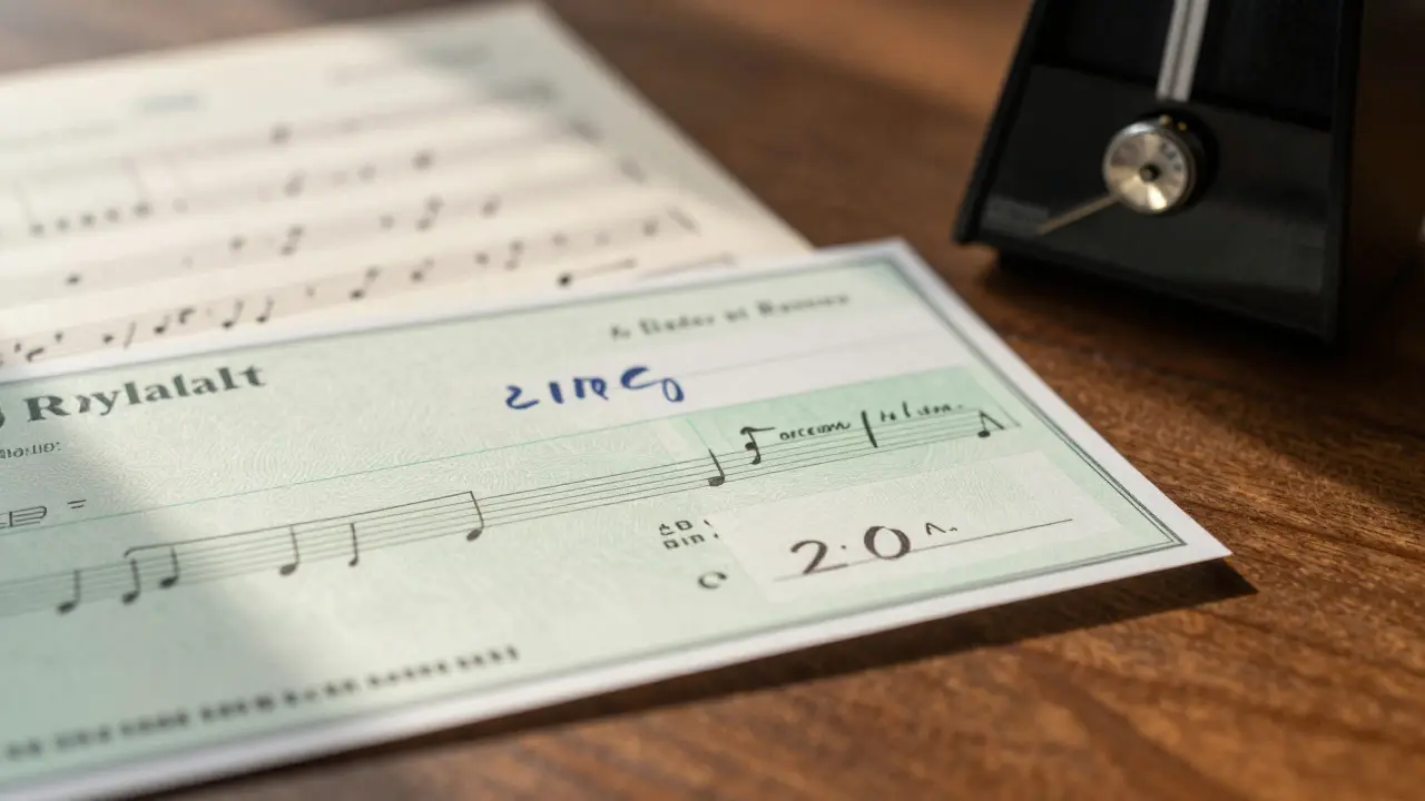 Close-up of a payment check, metronome, and sheet music on a wooden desk