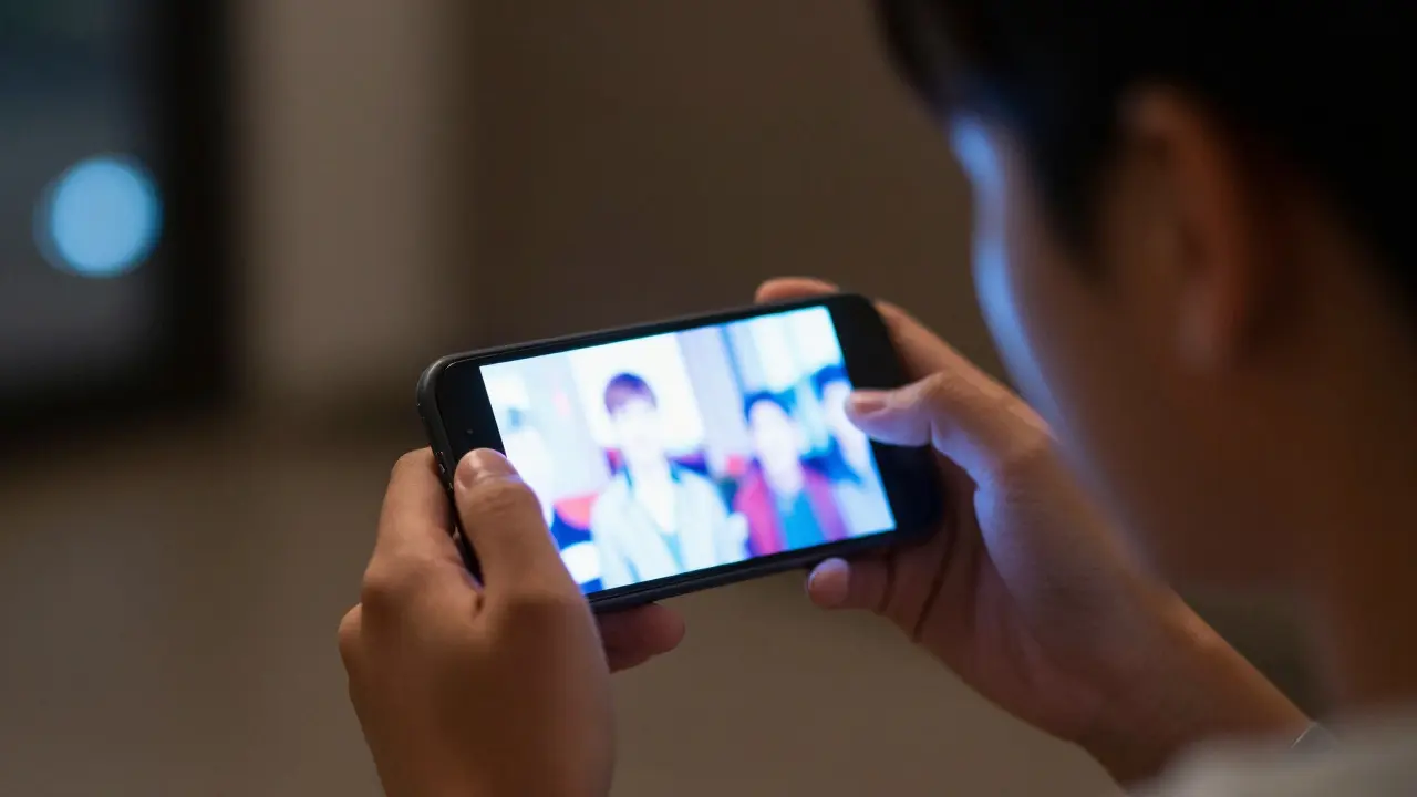 Close-up of a person watching a movie on a smartphone in a dark room