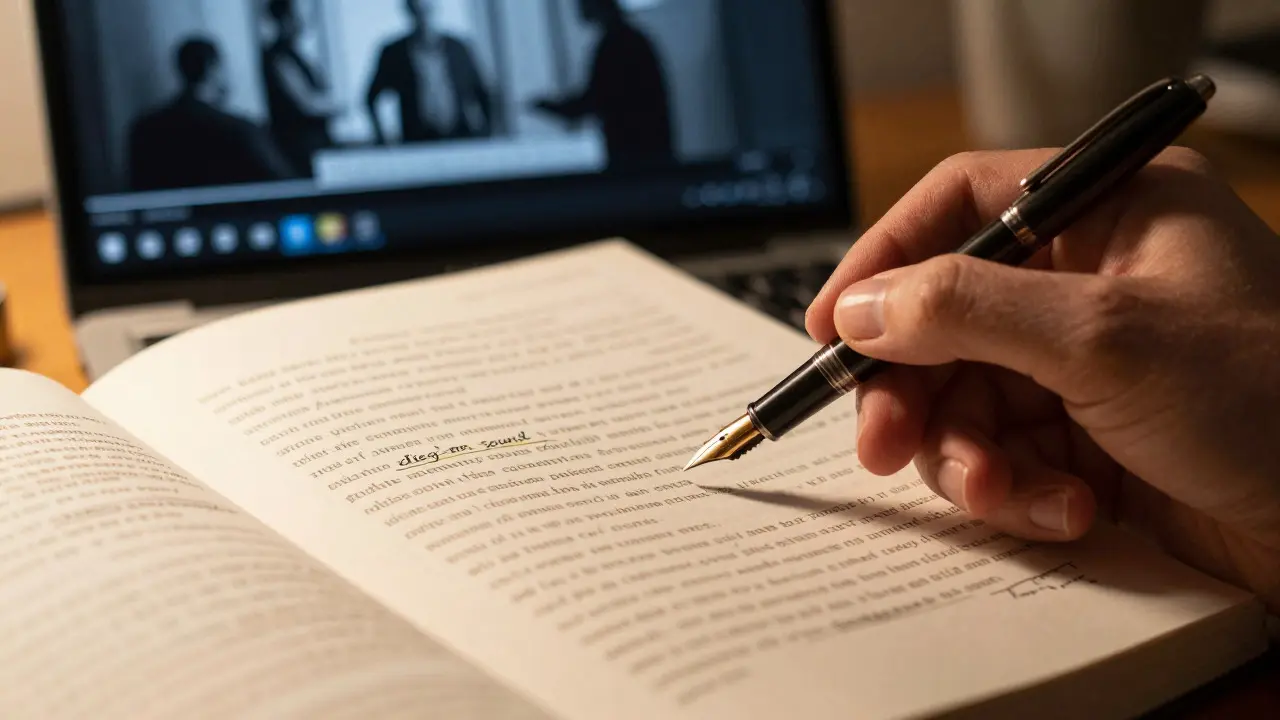 Close-up of a scholar's hand writing notes on film analysis next to a laptop showing a movie frame.