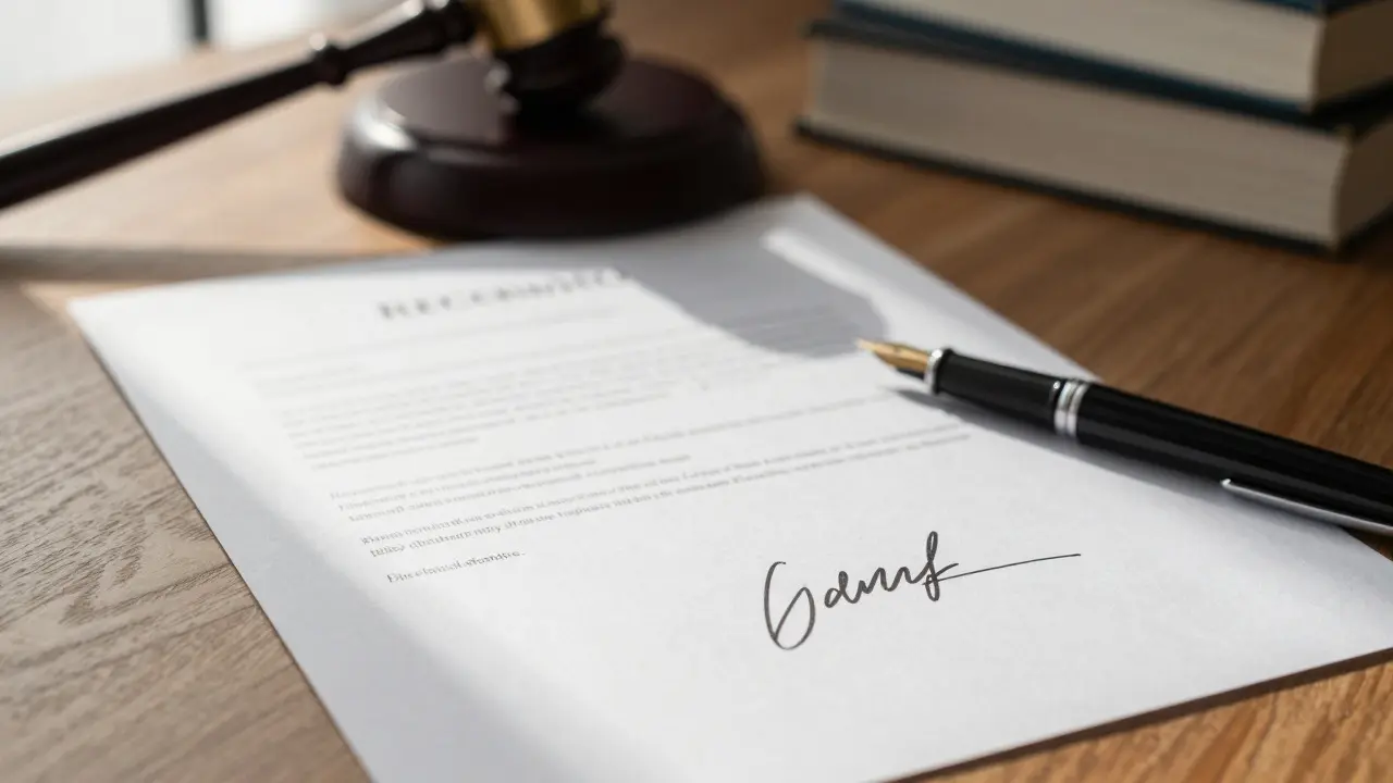Close up of a signed legal release form on a desk with a pen