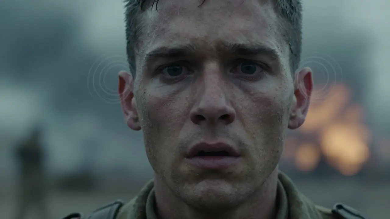 Close-up of a soldier's face showing disorientation and visual representation of tinnitus