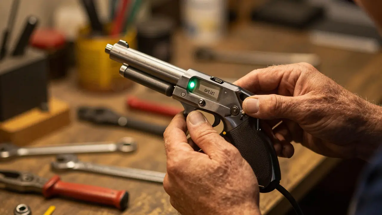 Close-up of a stunt performer using a gauge to inspect a metal prop gun
