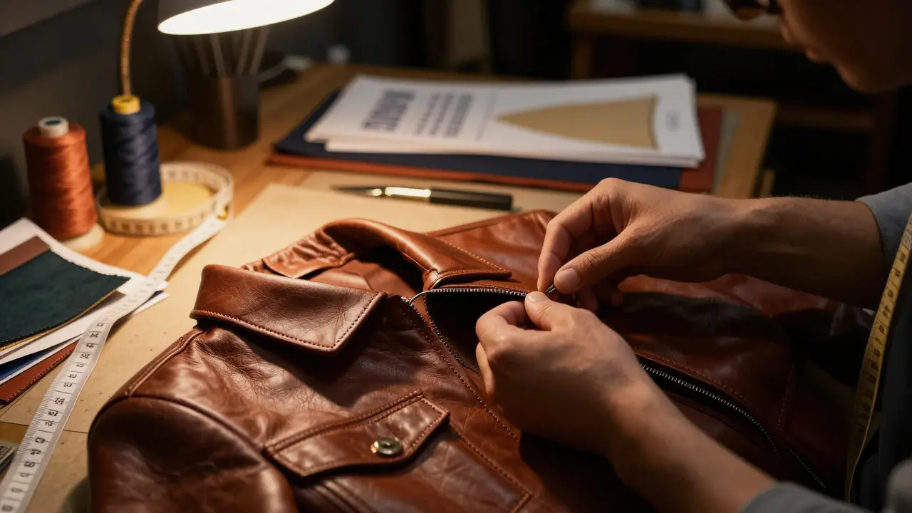 Close-up of a tailor's hands stitching a leather jacket at a cluttered workbench