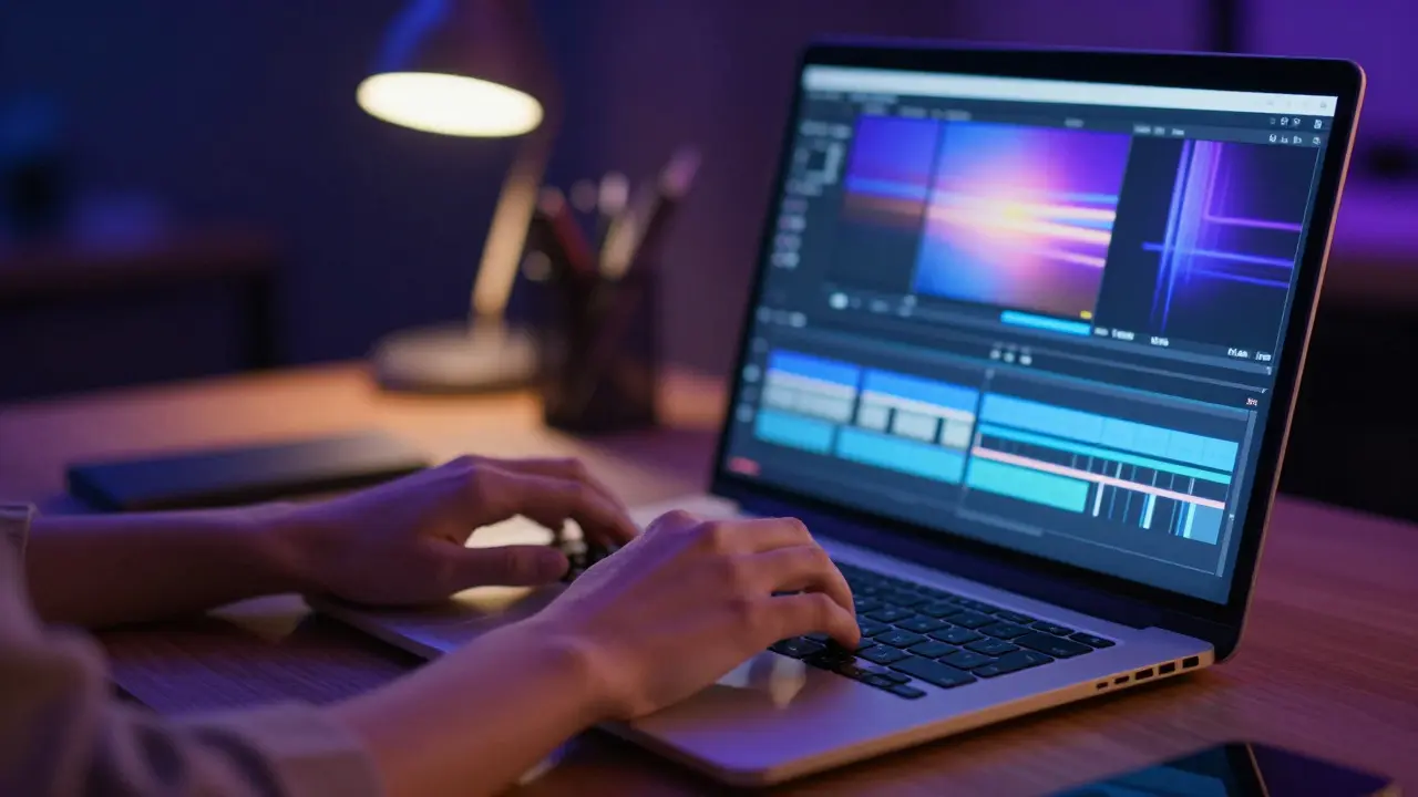 Close-up of a young woman's hands editing video footage on a laptop in a dark room