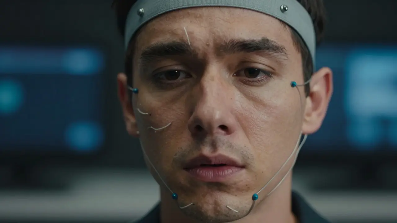 Close-up of actor wearing facial motion capture equipment