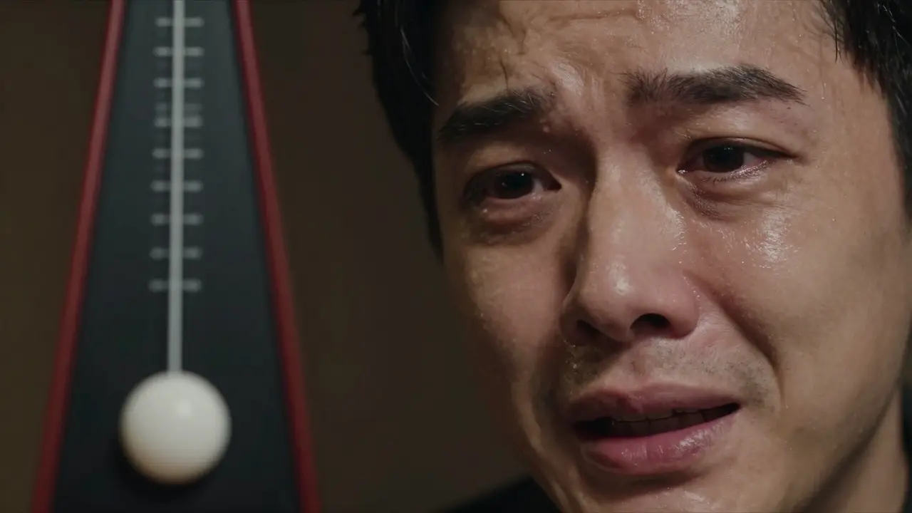 Close up of an actor's face with a metronome in the foreground
