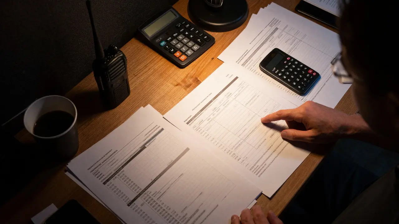 Close-up of budget documents and tools on a production desk