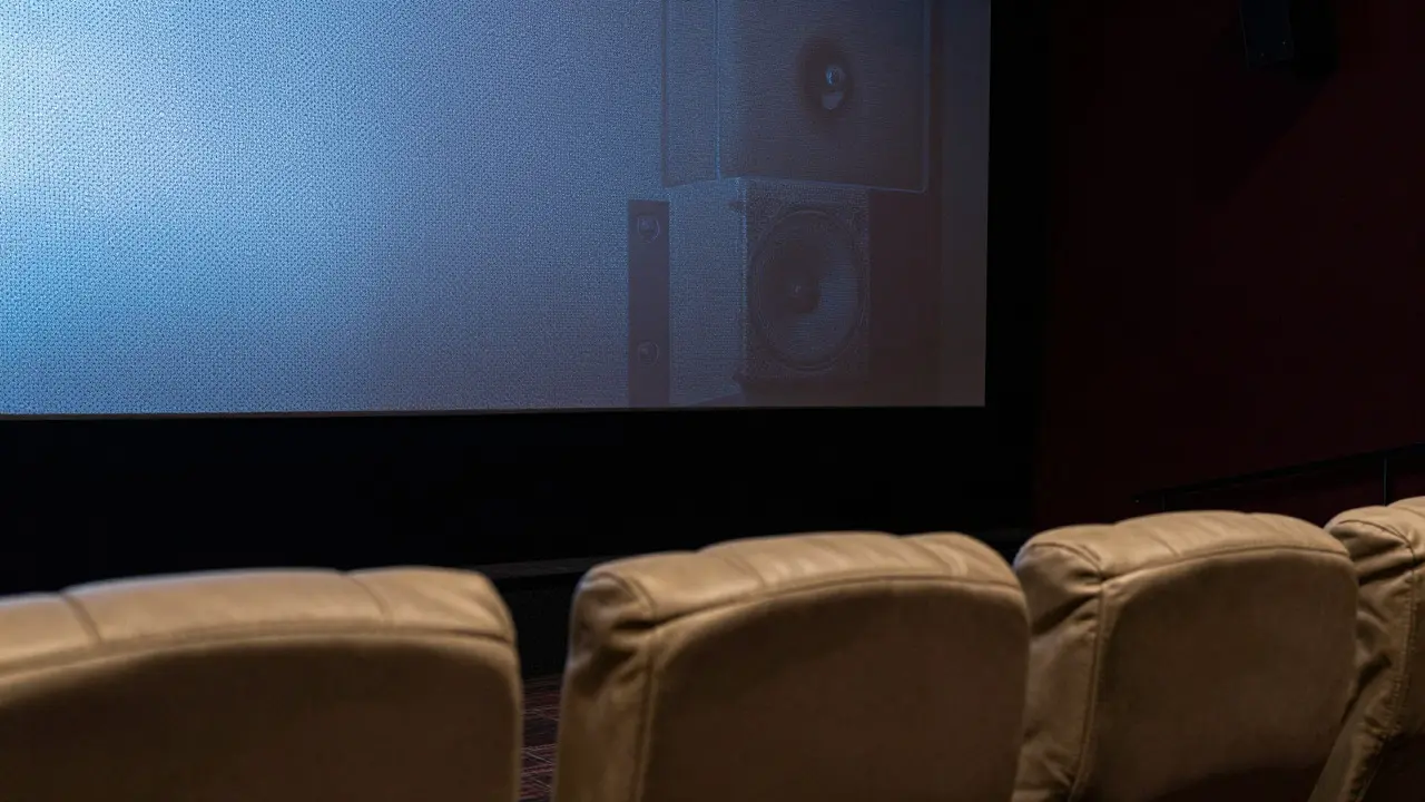 Close-up of cinema seats and a perforated screen revealing hidden speakers behind it