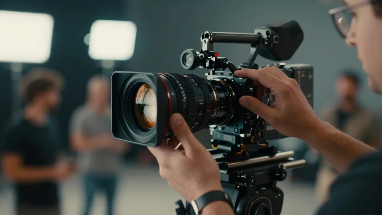 Close-up of hands adjusting a cinema camera lens with a blurred film set background