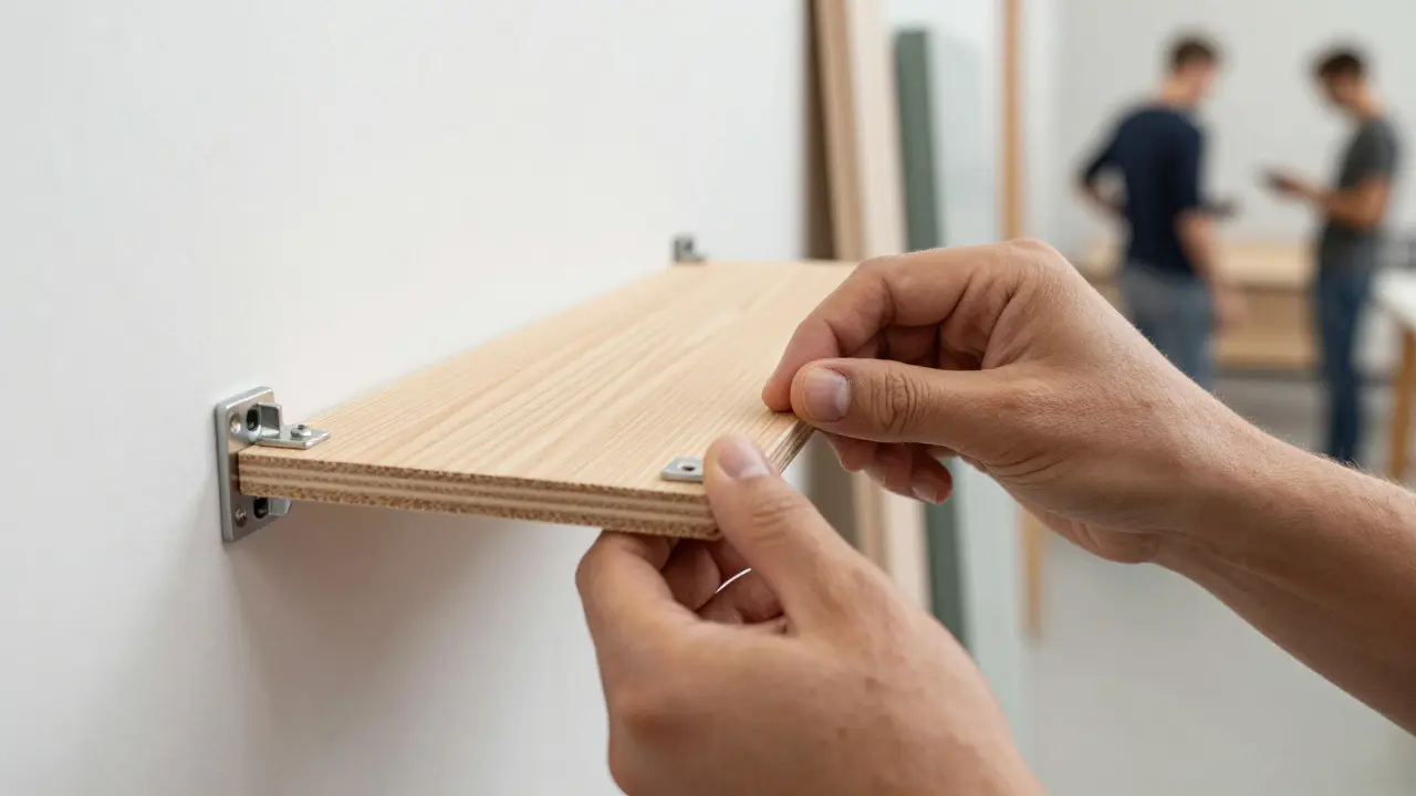 Close-up of hands attaching a modular shelf using removable brackets instead of glue