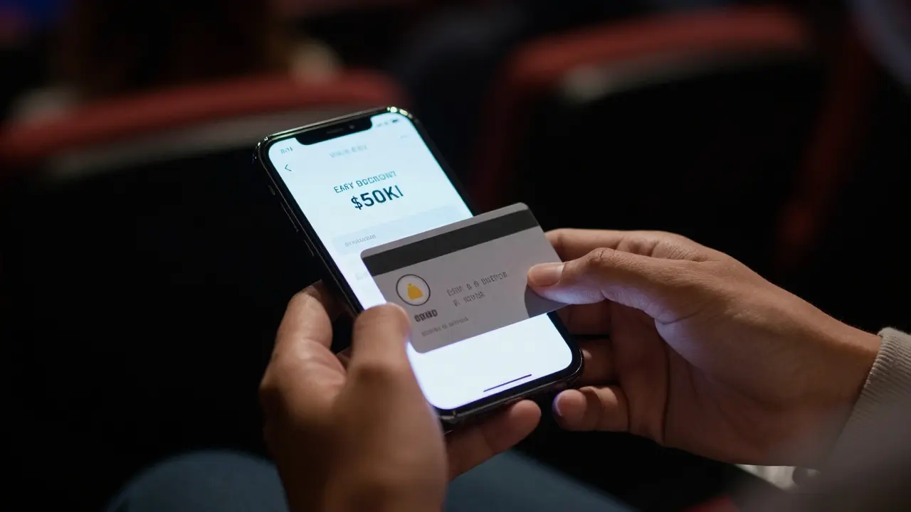 Close-up of hands holding a loyalty card and phone in a theater