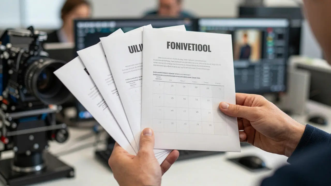 Close-up of hands holding award envelopes and a calendar in a film production office