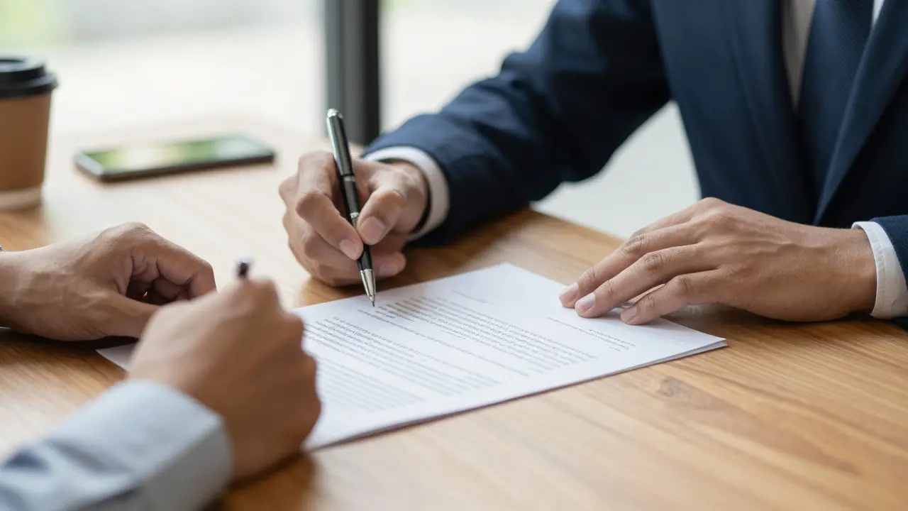 Close-up of hands negotiating a contract on a wooden office table