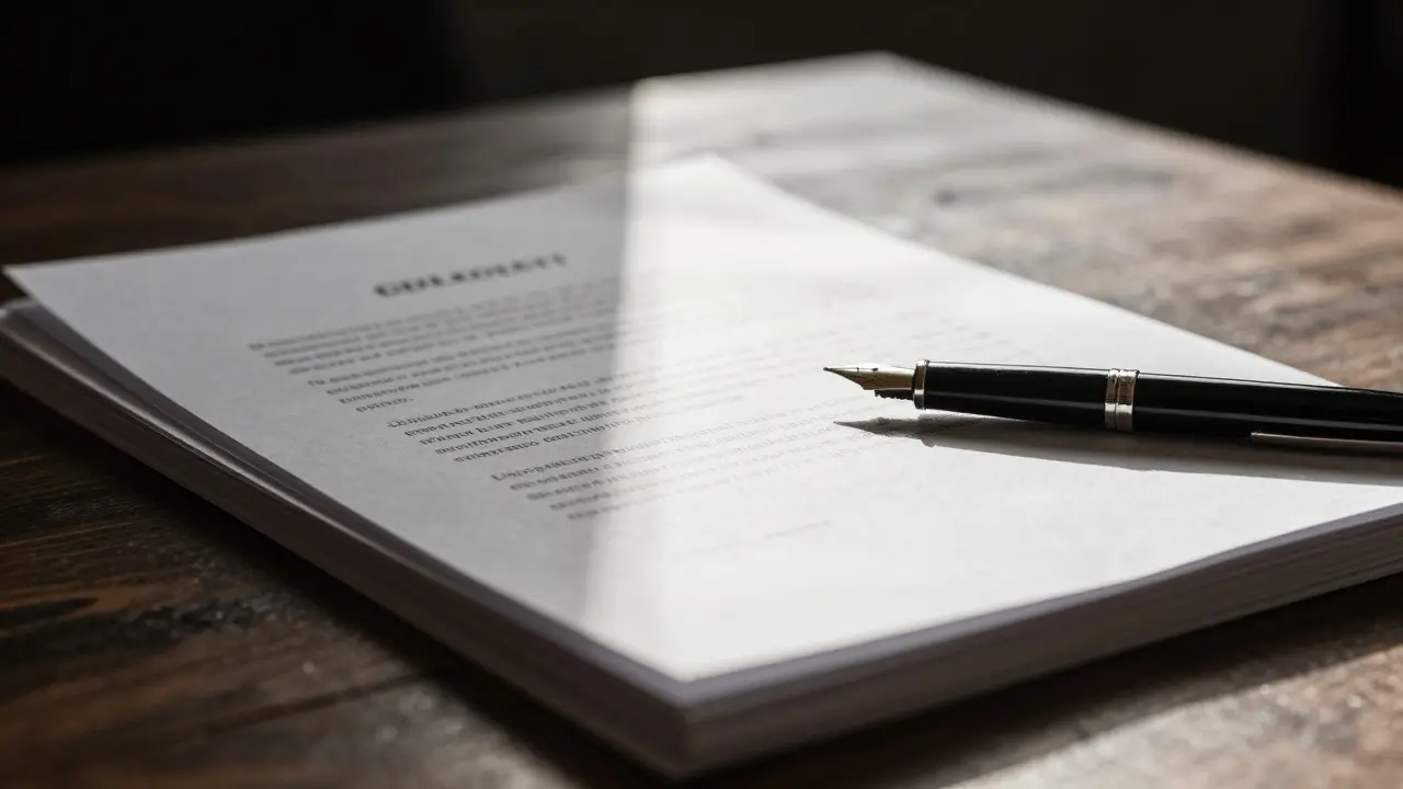 Close-up of legal documents and a pen on a table under dramatic lighting