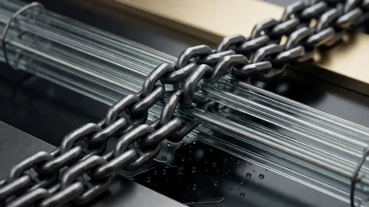 Close-up of metallic and glass channels merging, representing debt and equity competition.