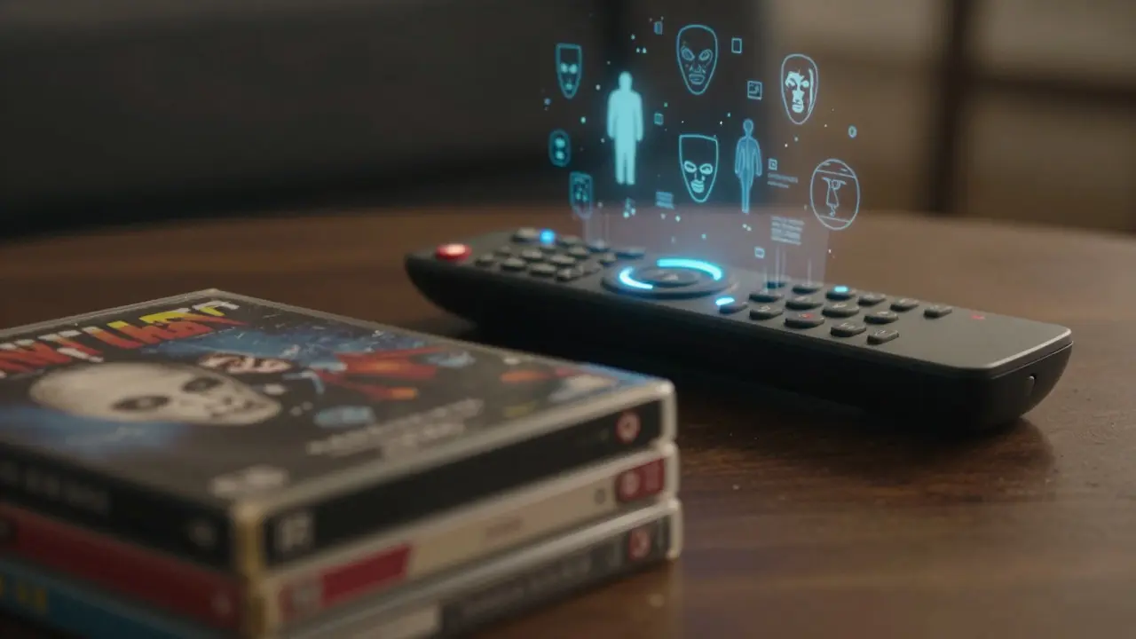 Close up of old DVD cases behind a modern remote control with floating holographic movie genre icons.
