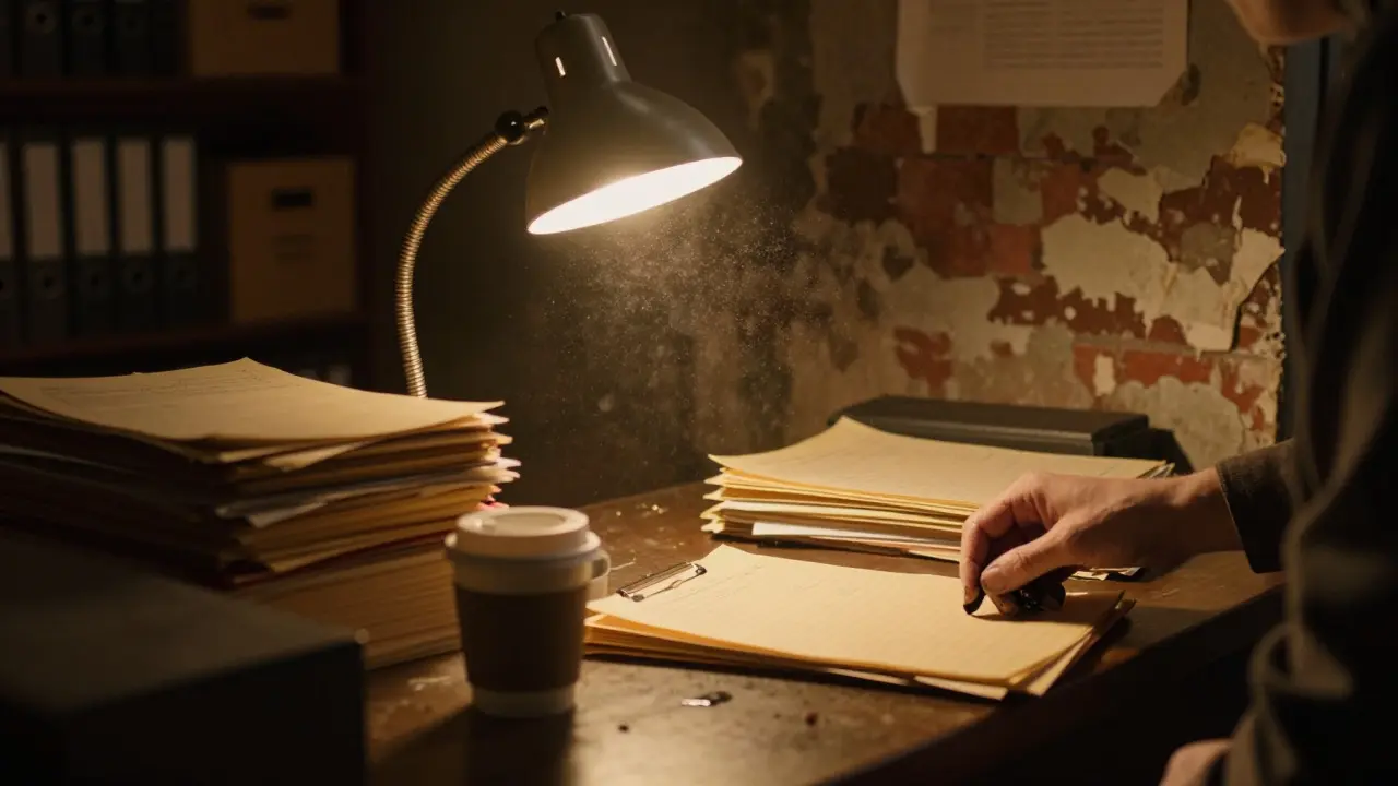 Cluttered archive desk at night with warm lamp light and old documents