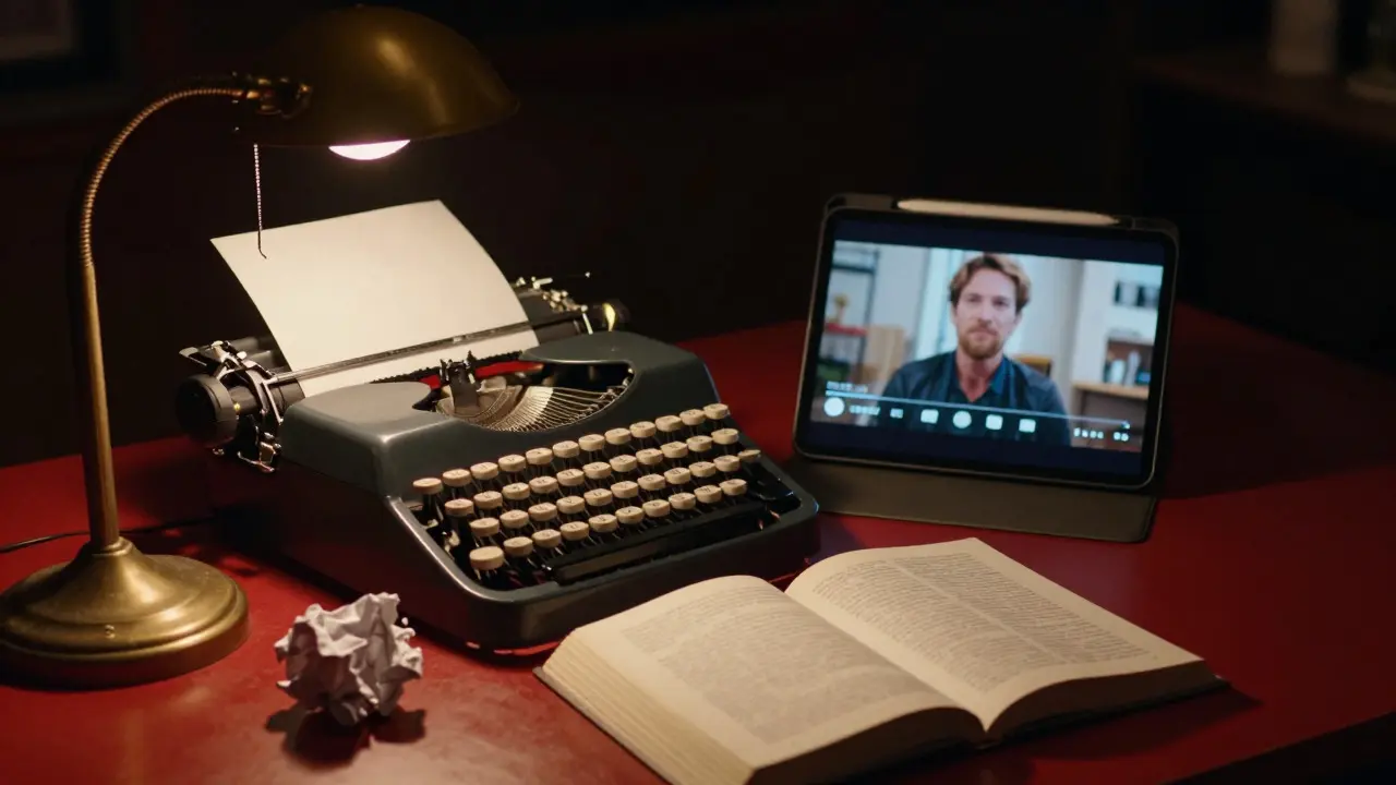 Cluttered desk with a typewriter and tablet under warm lamp light