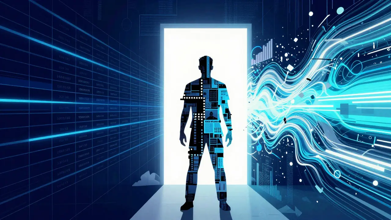Collage of film strips forming a figure facing digital and linear paths