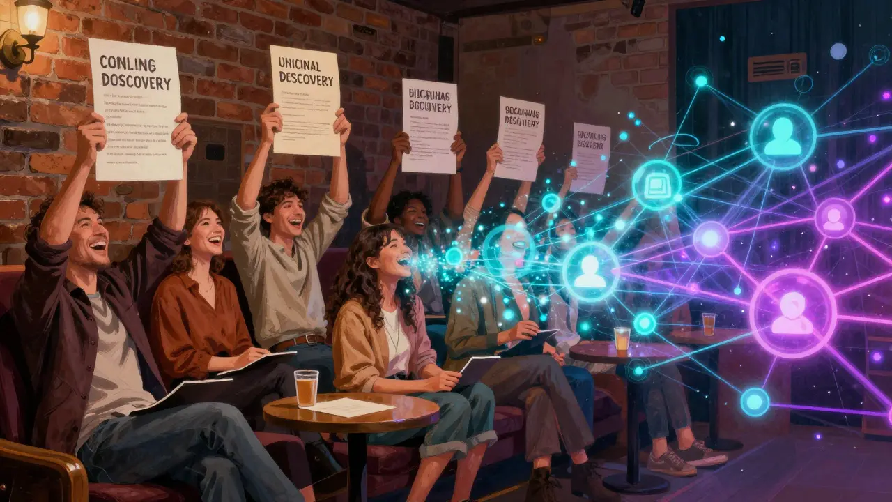 Collage of theater fans transitioning into digital network graphics
