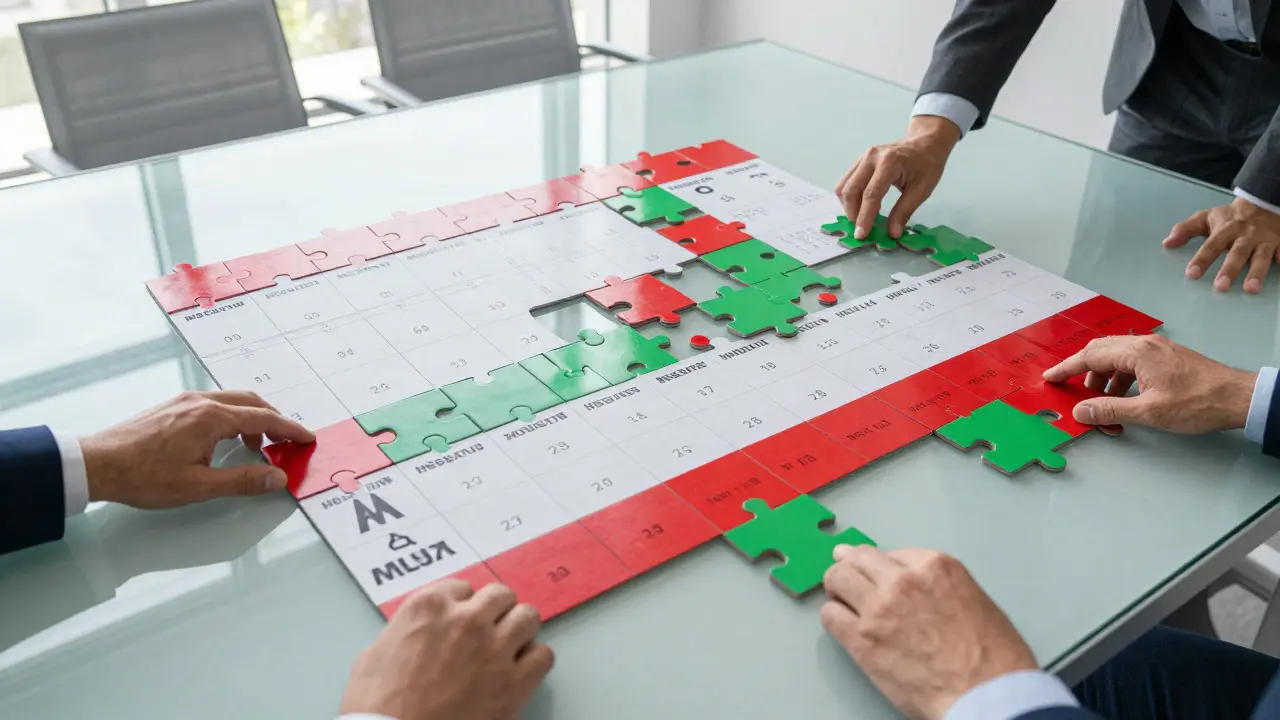 Colorful calendar blocks on a glass table representing complex scheduling