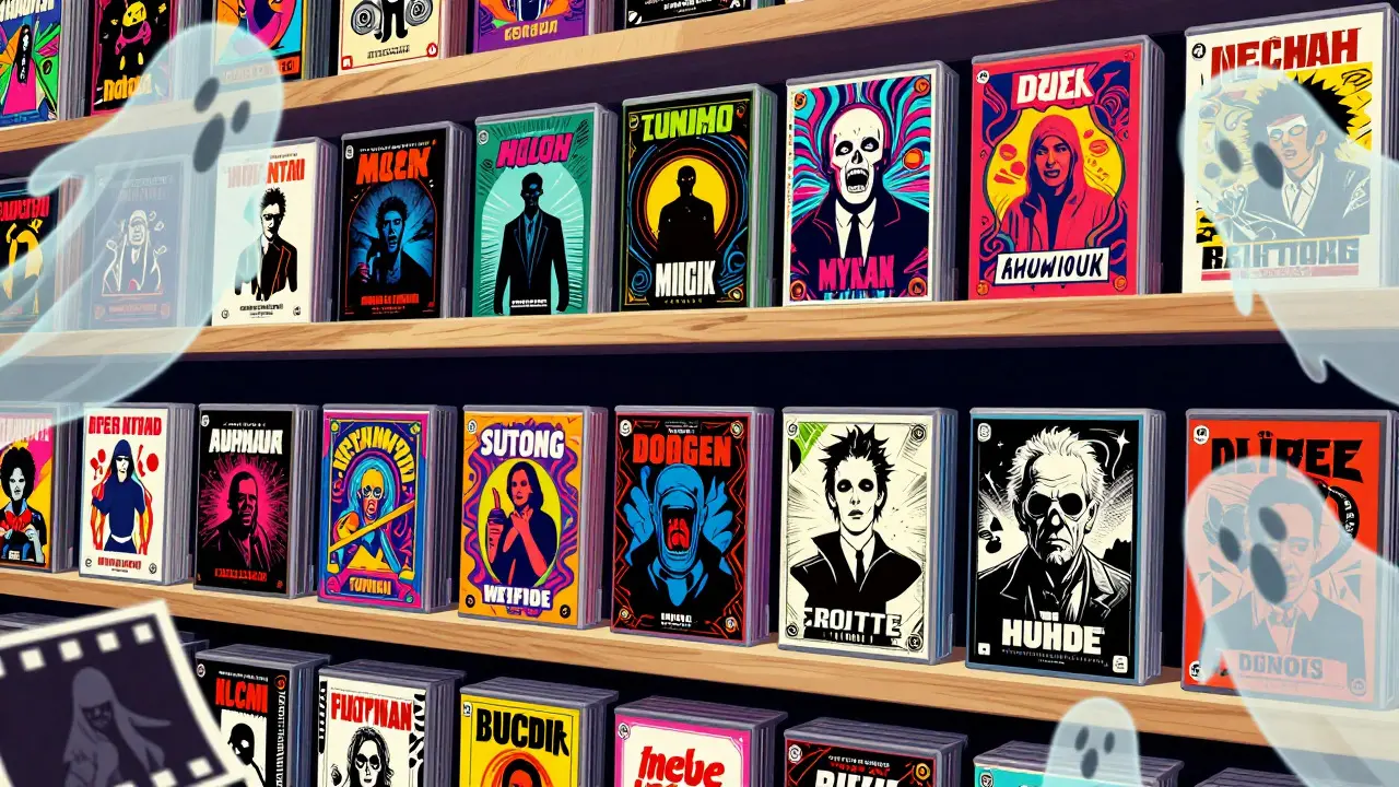 Colorful illustrated shelf packed with various cult movie cases