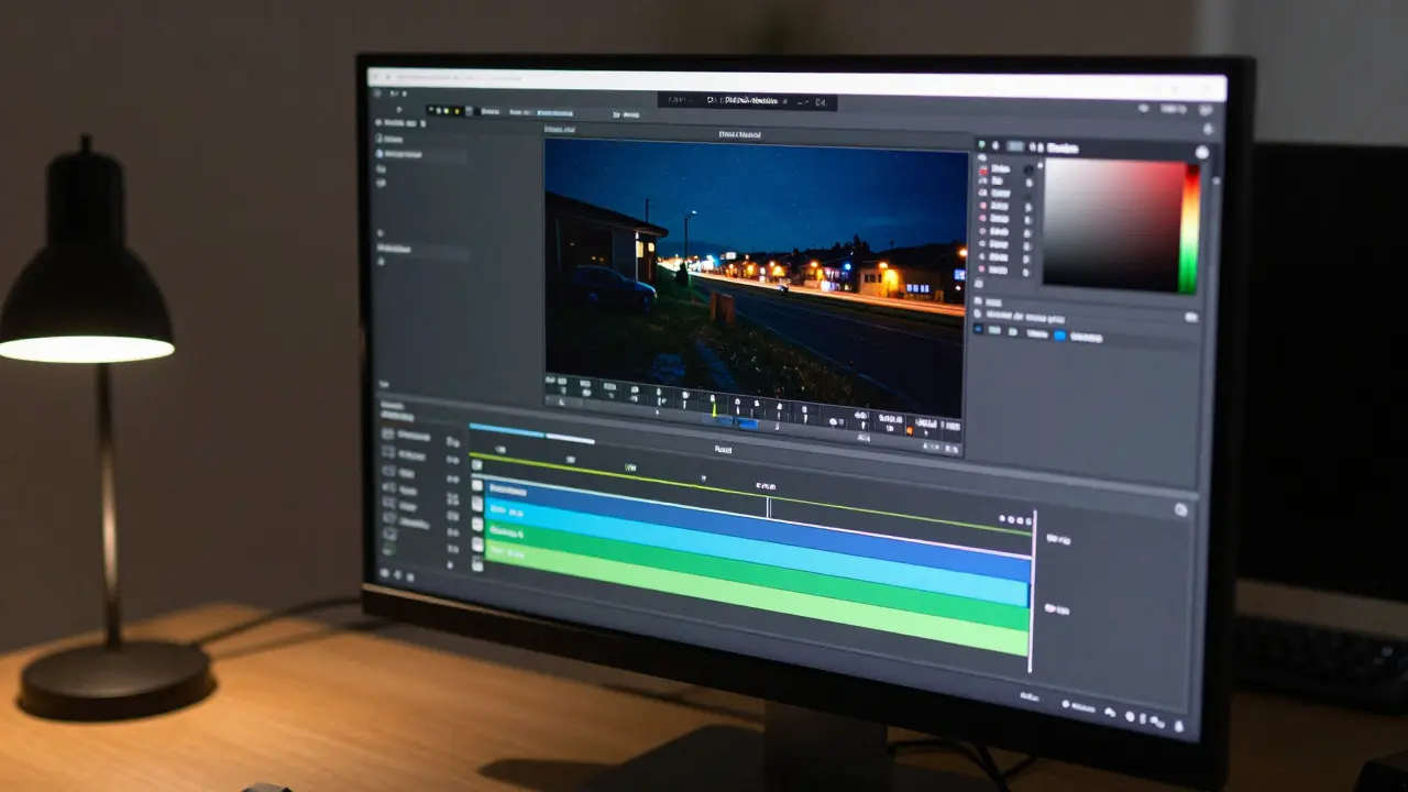 Colorist adjusting white balance and noise on a monitor in an edit suite