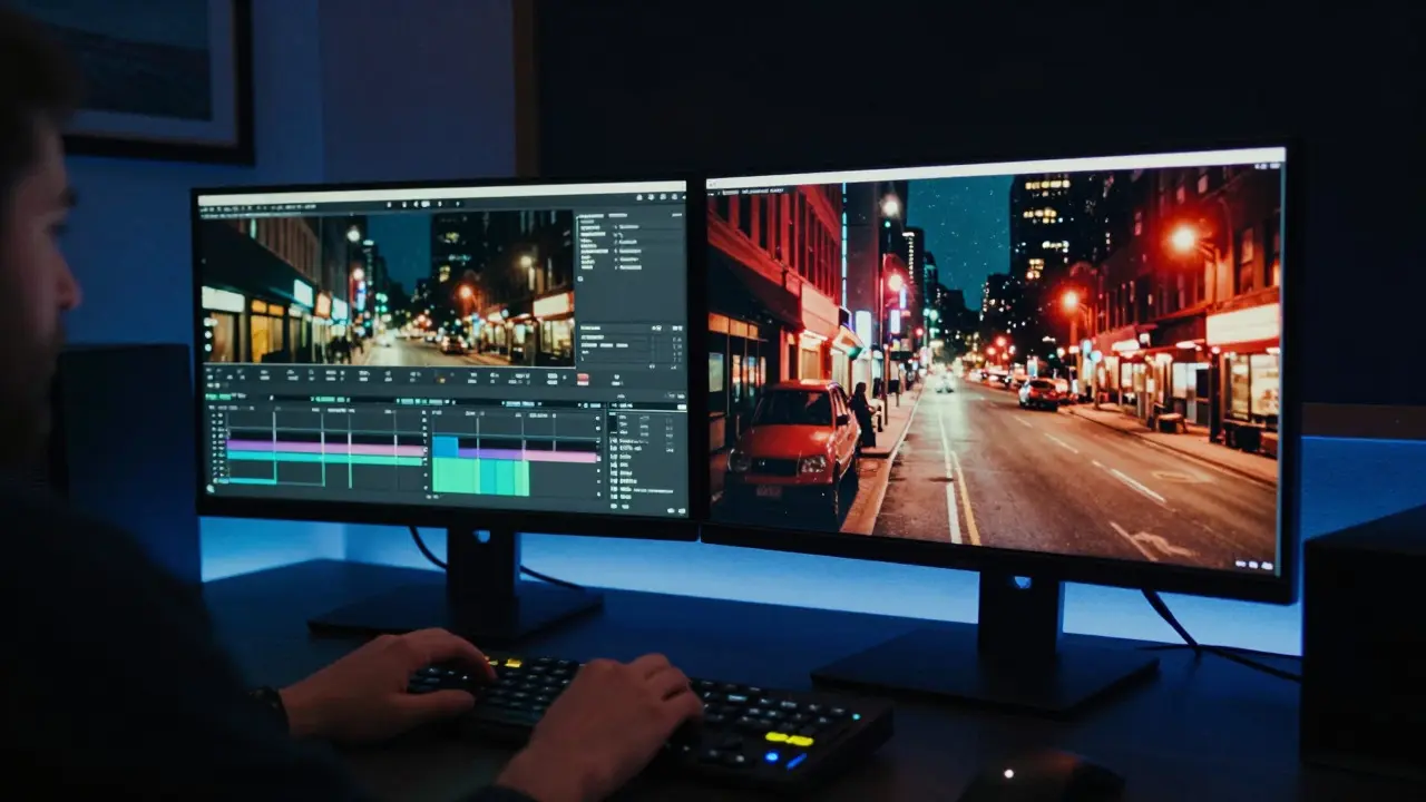 Colorist in a grading suite comparing clean digital footage with grain-applied version