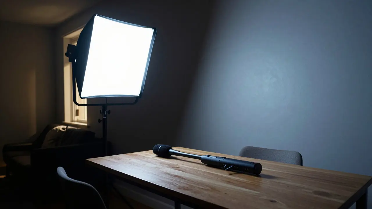 Compact film set with LED lighting and audio gear in a dim room