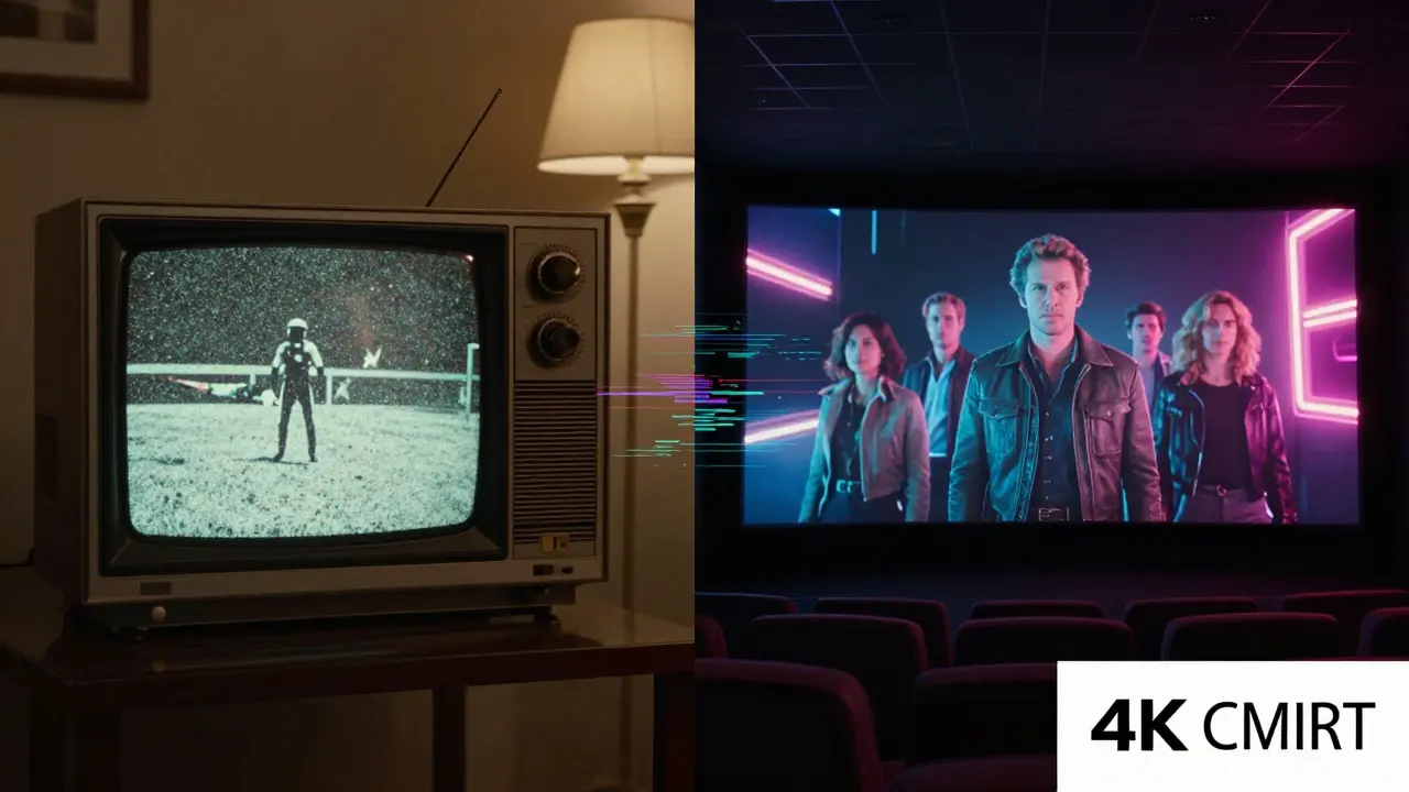 Comparison of vintage TV and modern cinema showing the same space scene