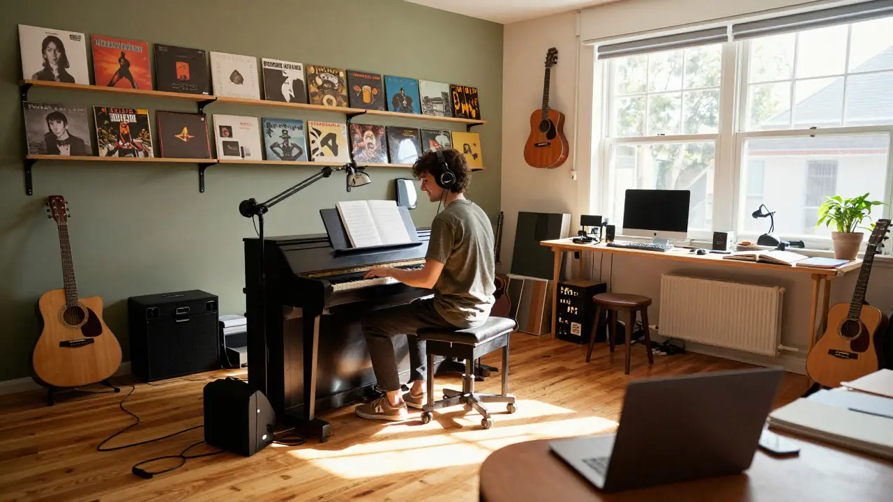 Composer playing piano in sunlit indie studio filled with music gear