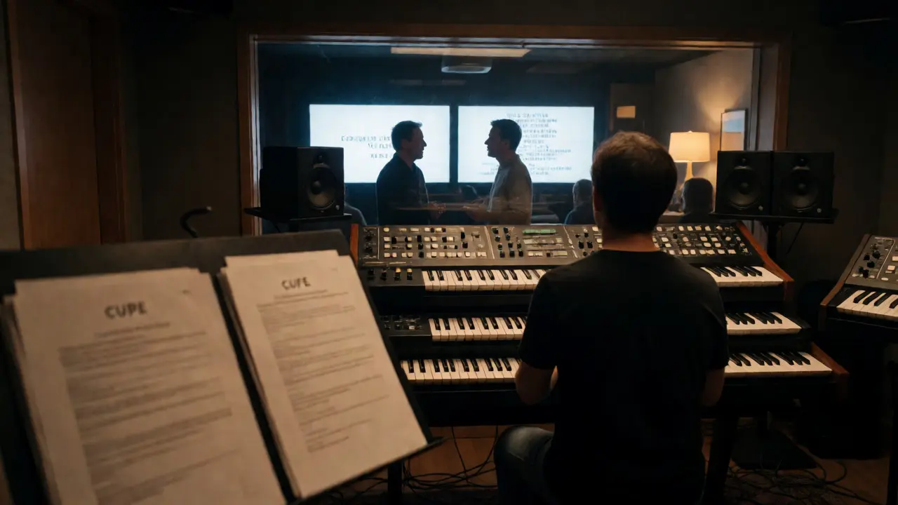 Composer viewing film credits on monitors in a dimly lit scoring studio.