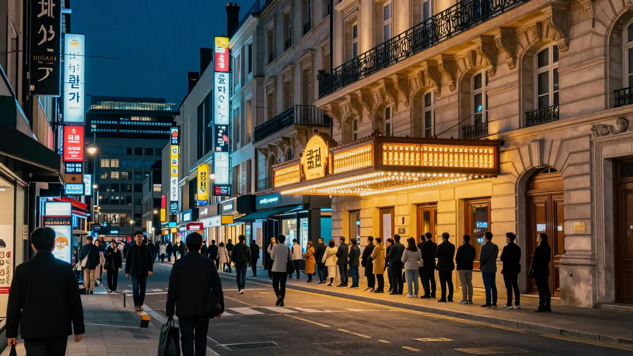 Composite image showing vibrant cinema scenes in Seoul and Europe