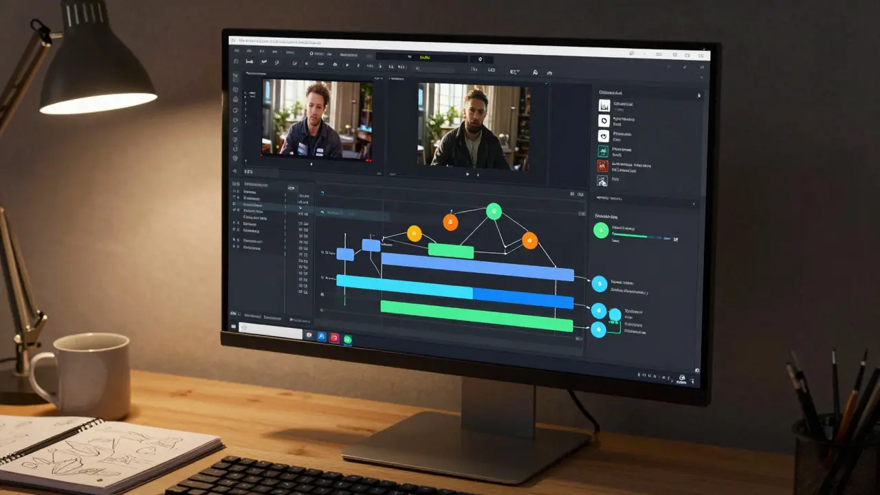 Computer monitor showing node-based VFX compositing workflow on a desk