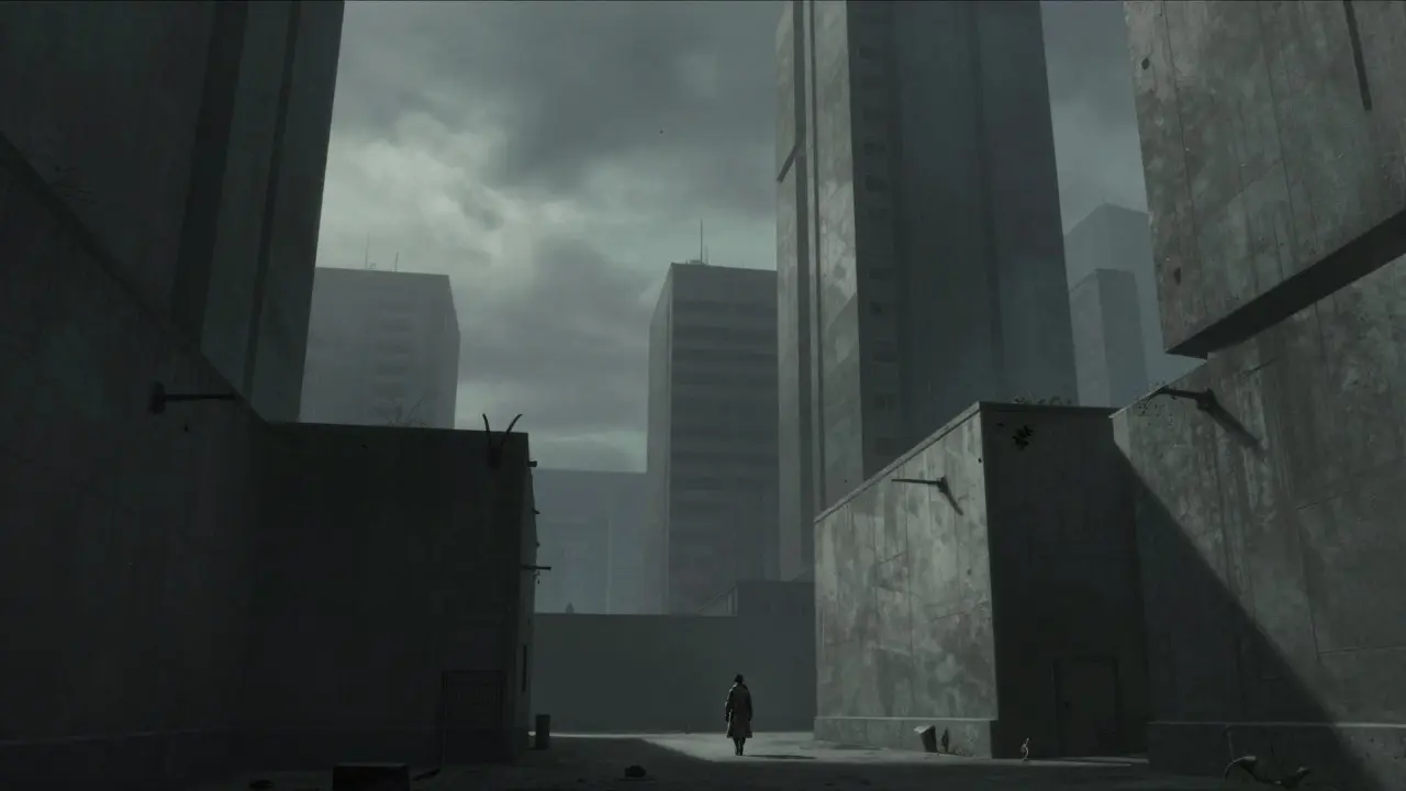 Concept art painting of a dystopian city with brutalist architecture and muted colors