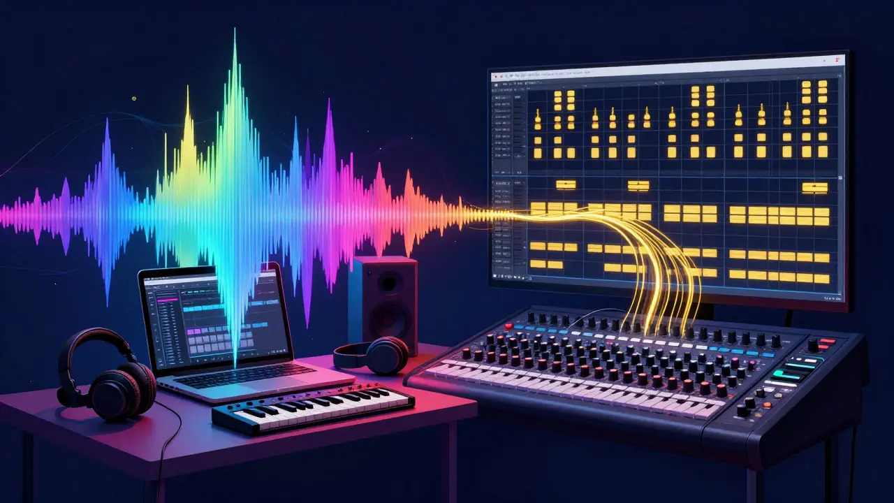 Conceptual art comparing a home studio setup with a professional audio mixing workflow