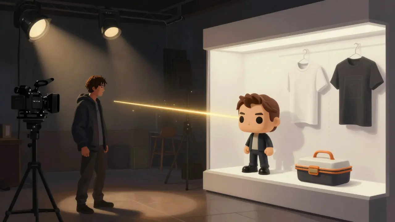 Conceptual art connecting a movie set actor to retail merchandise displays