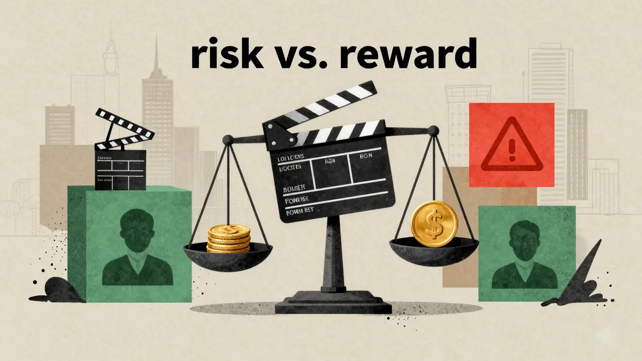 Conceptual art of a balance scale weighing a clapperboard against money