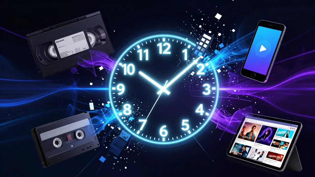 Conceptual art of a clock dissolving into digital streams and old video tapes