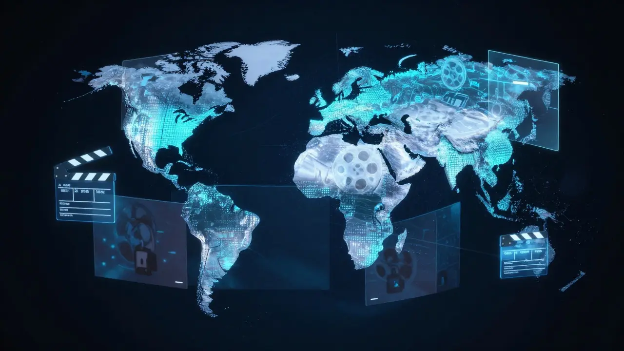 Conceptual art of a globe divided by digital barriers representing geo-blocking