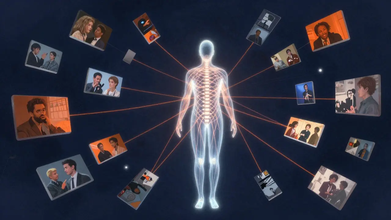 Conceptual art of a glowing figure formed by light threads pulling in fragmented video clips