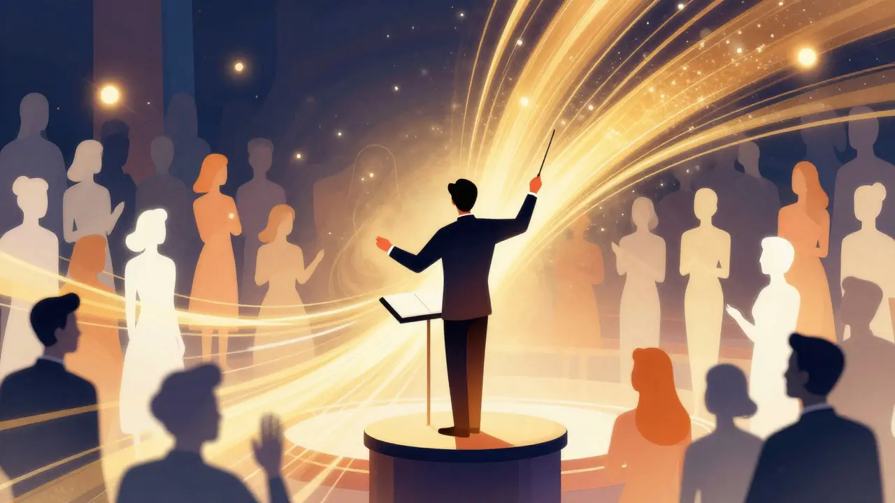 Conceptual art of a host directing a crowd of glowing celebrity silhouettes