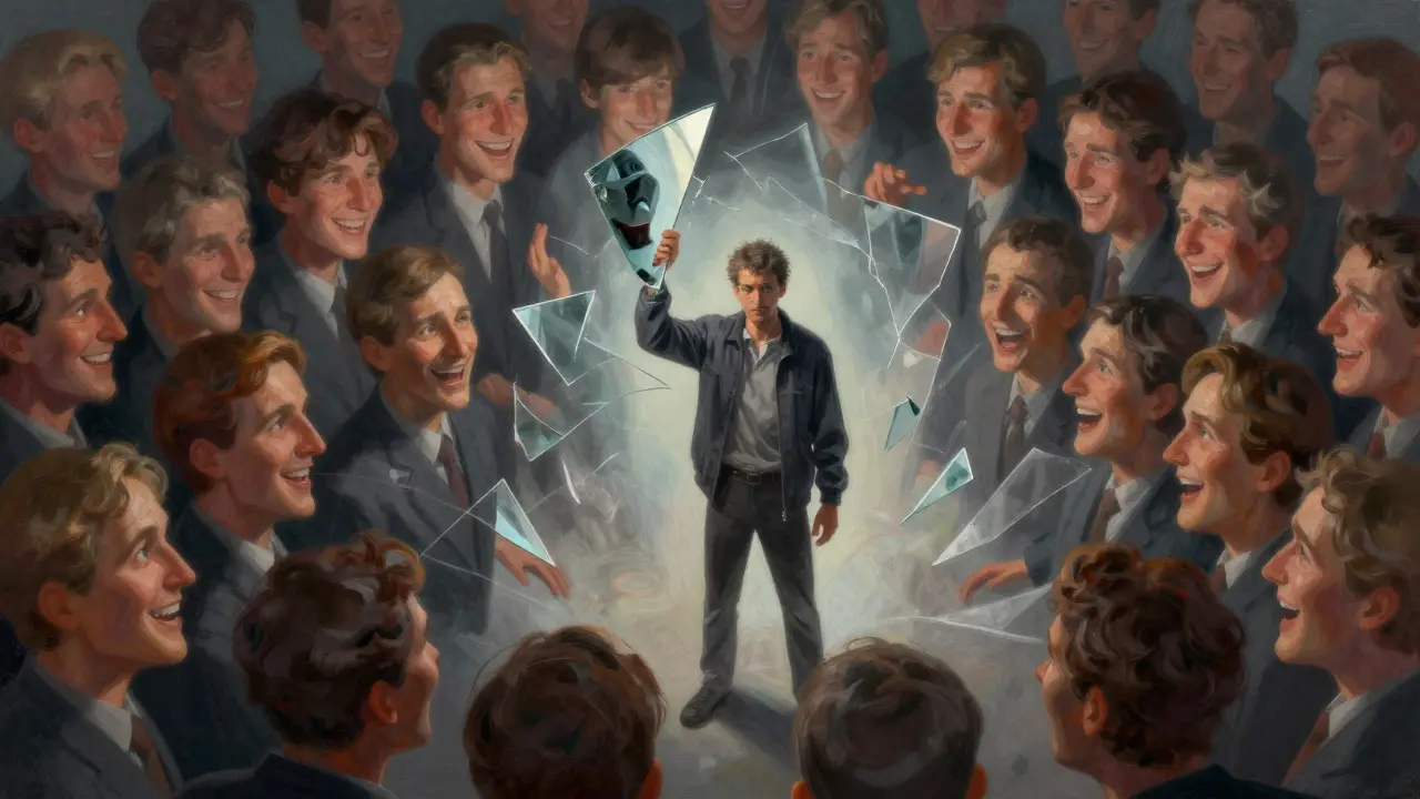Conceptual art of a lone figure resisting a crowd of identical smiling faces