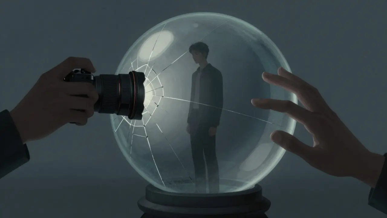 Conceptual art of a person in a glass bubble being filmed by a shadowy hand