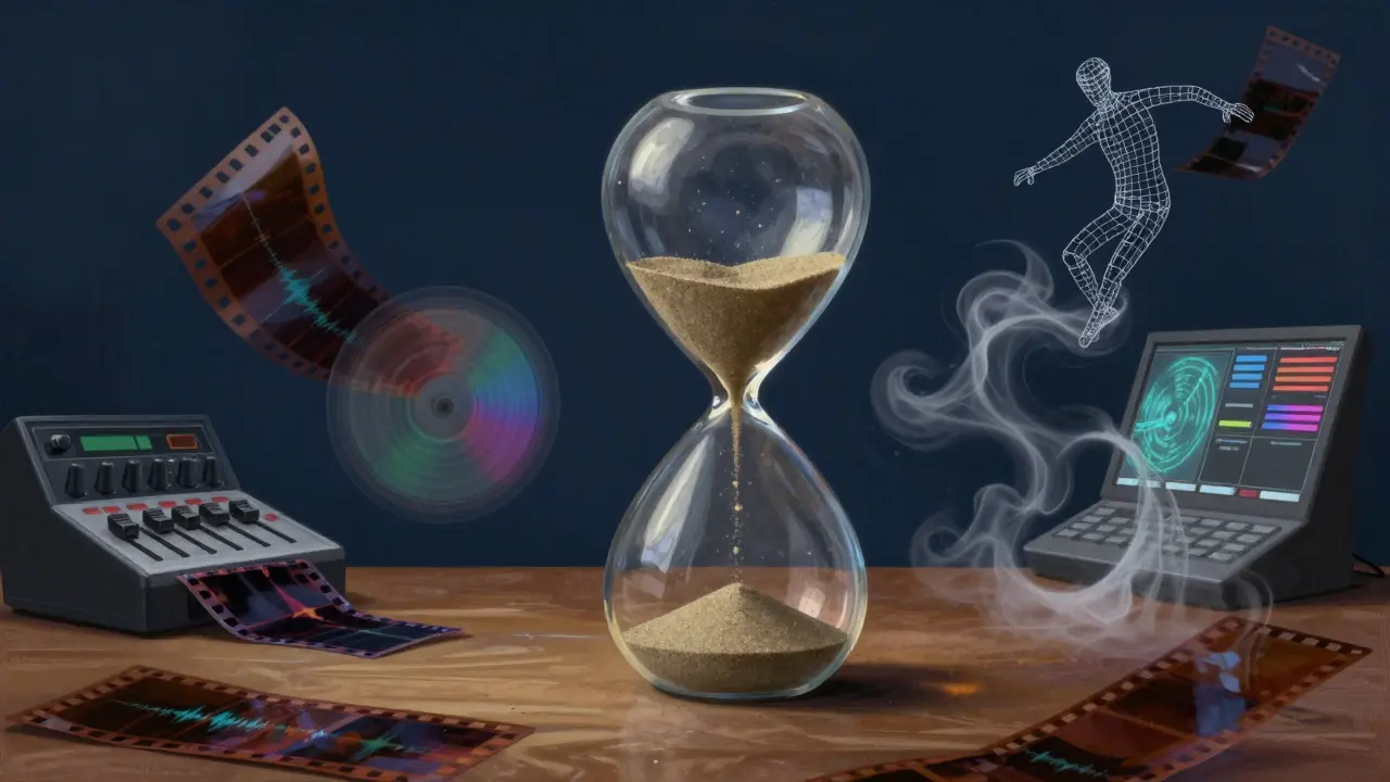 Conceptual art of an hourglass containing film fragments causing ripples in the air